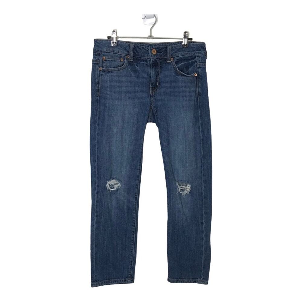 American Eagle Stretch Distressed Boy Fit Jeans Medium Wash Womens Size 2 R